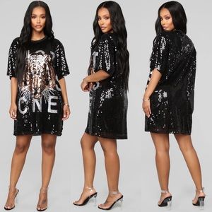 Fashion Nova Black Animal Inside Me Sequin Mini Short Sleeve Shirt Dress